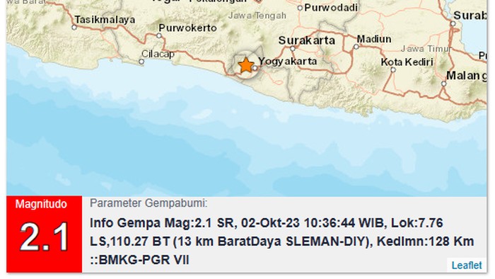 Gempa M 2,1 di Sleman, Senin (2/10/2023).