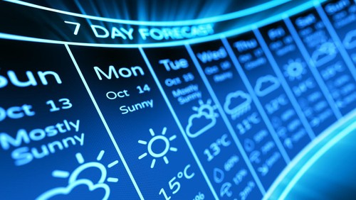 Weather forecast on a digital display. 7 day dashboard. 3d illustration.