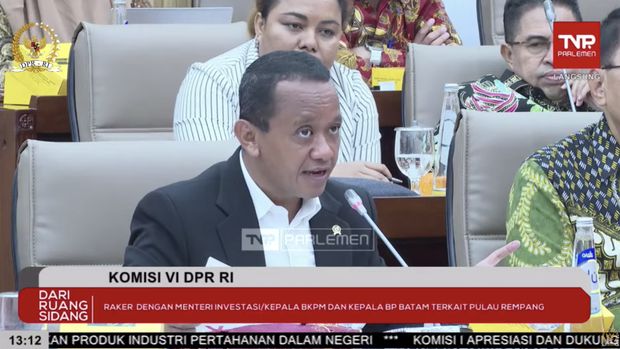 Menteri Investasi/Kepala Badan Koordinasi Penanaman Modal Bahlil Lahadalia saat Rapat kerja dengan Komisi VI DPR RI. (Tangkapan Layar Youtube DPR RI)