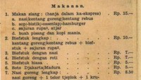 Sebuah daftar menu di restoran Kereta Api pada 1958 ini masih terbaca utuh. Untuk mendapatkan sepaket makan siang kamu cukup membayar Rp 15. Foto: Istimewa