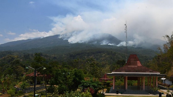 Asap mengepul dari lokasi kebakaran hutan Gunung Lawu terlihat dari Karanggubito, Kendal, Ngawi, Jawa Timur, Senin (2/10/2023). Kebakaran kawasan hutan Gunung Lawu yang terjadi sejak Jumat (29/9) hingga Senin (2/10) belum bisa dipadamkan dan semakin meluas hingga membakar lebih dari 150 hektare areal hutan yang terbakar. ANTARA FOTO/Siswowidodo
