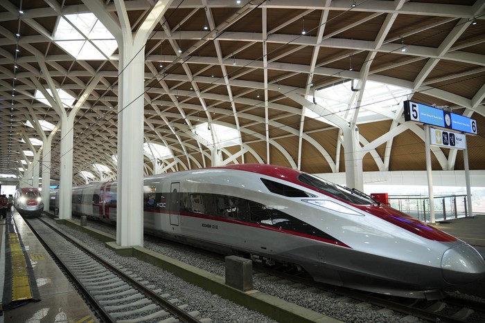 High-speed train is parked during the opening ceremony for launching Southeast Asias first high-speed railway at Halim station in Jakarta, Indonesia, Monday, Oct. 2, 2023. Indonesian President Joko Widodo launched Southeast Asias first high-speed railway that will start its commercial operations on Monday, a key project under Chinas Belt and Road infrastructure initiative that will cut travel time between two cities from the current three hours to about 40 minutes. (AP Photo/Achmad Ibrahim)