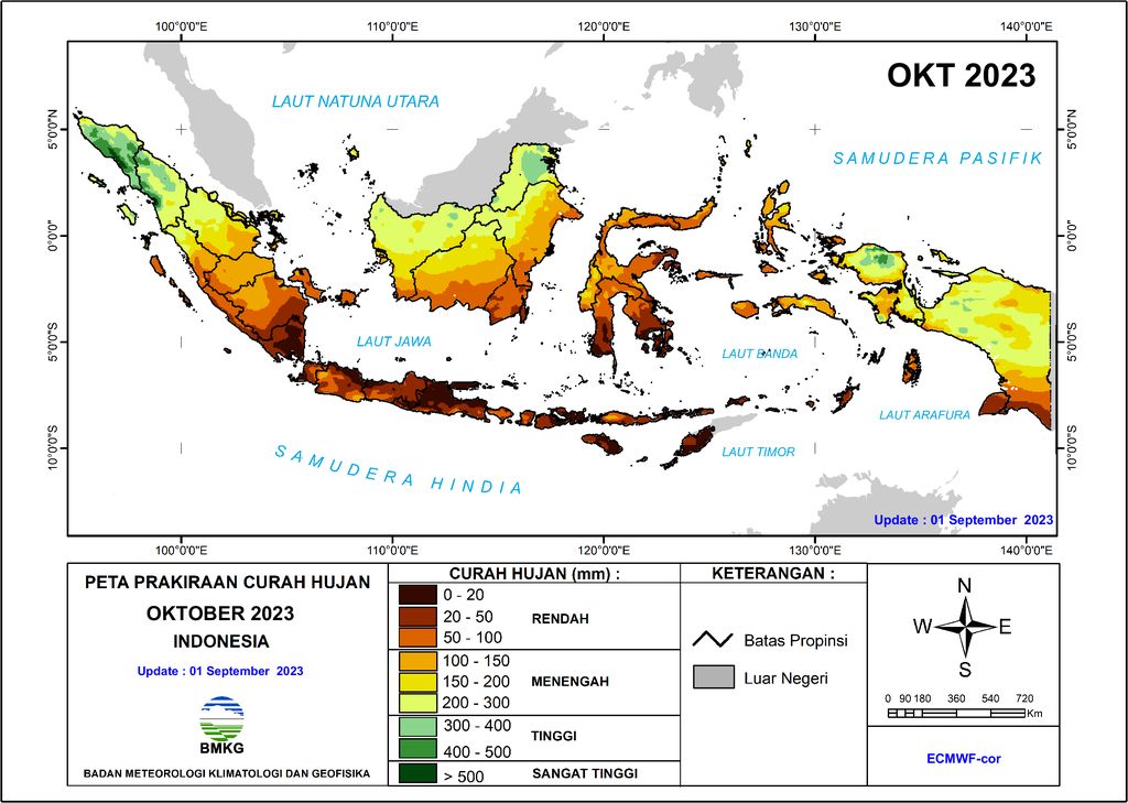 Peta Perkiraan Curah Hujan Oktober 2023 di Indonesia. (Dok. BMKG)