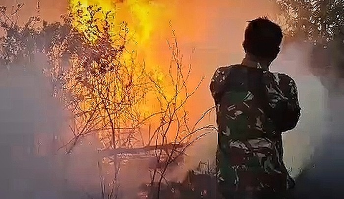Anggota TNI memadamkan api membakar lahan TNWK.