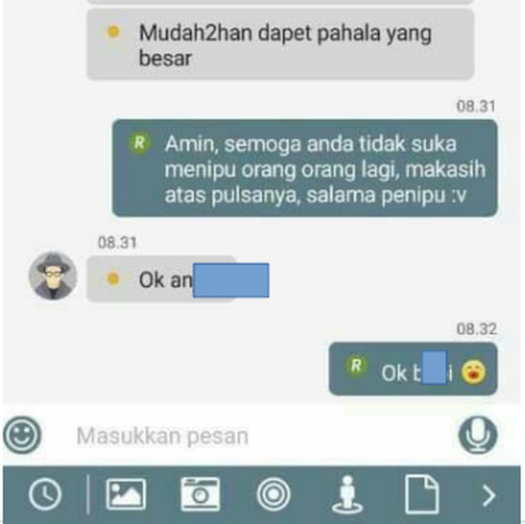 Chat Penipu Kena Tipu, Malah Transfer Pulsa ke Calon Korban Chat penipu gagal nipu (malah ditipu balik) ini benar-benar di luar nurul. Kena karmanya kan!