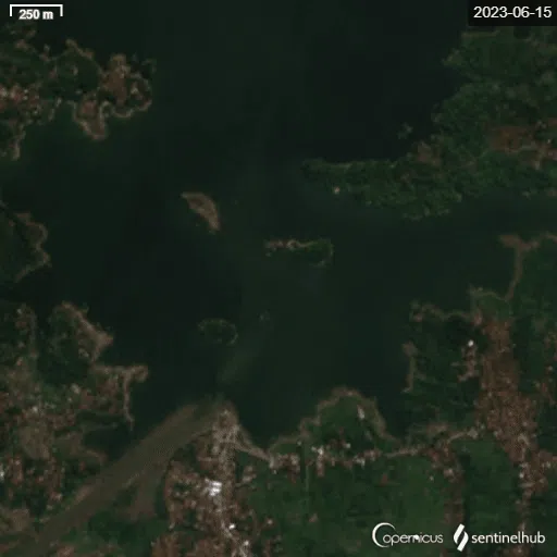Citra satelit penyusutan Waduk Jatigede Sumedang di 2023.