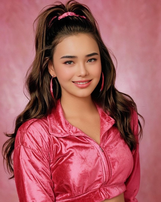 Amanda Manopo jadi murid SMA era 80-an di aplikasi Ai Yearbook. Wajahnya pun berubah dengan lipstik pink, rambut kuncir tengah tinggi dan anting hoops. Foto: Instagram/@amandamanopo