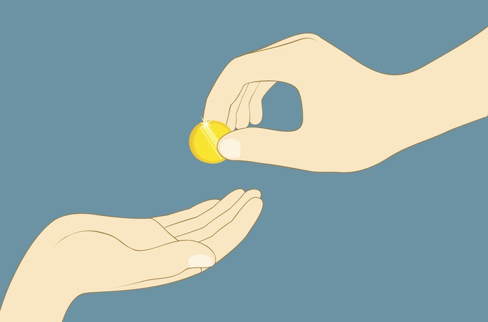 Hand giving money. Charity, donation concept. Flat vector illustration