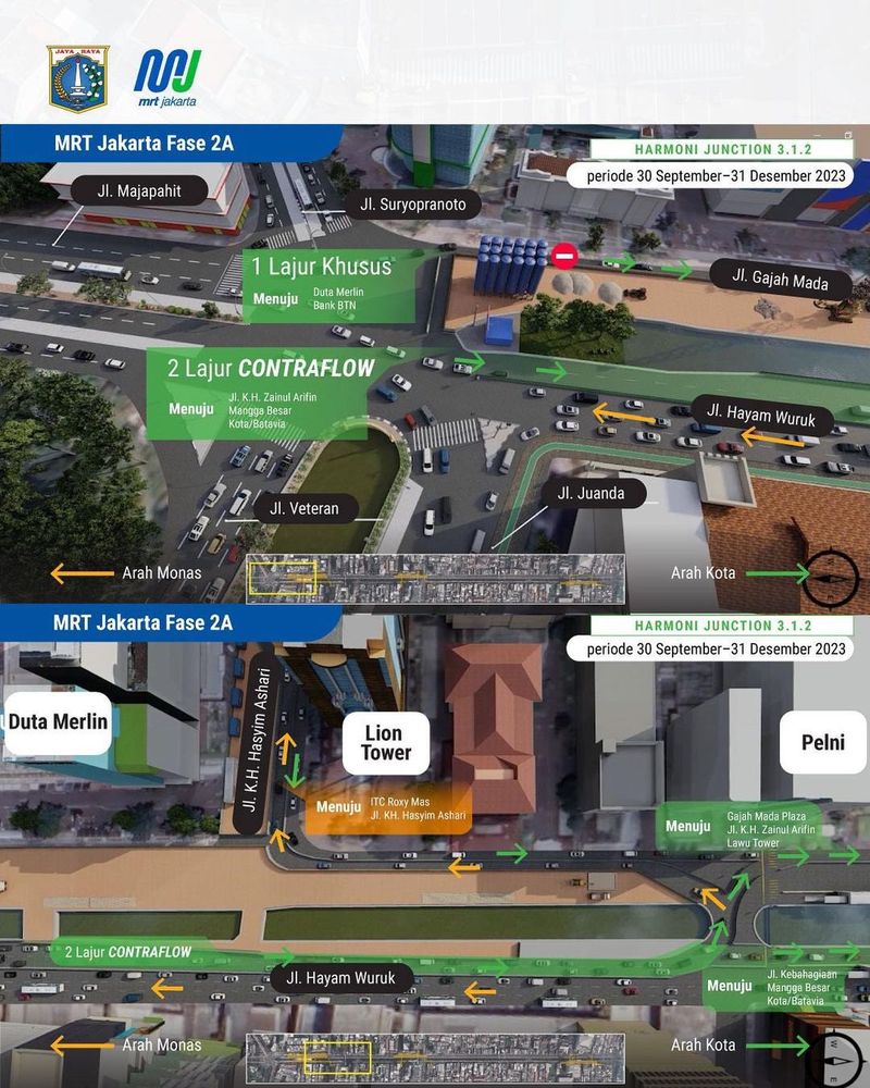 Rekayasa lalu lintas akibat proyek MRT di kawasan Harmoni (dok. X Pemprov DKI)