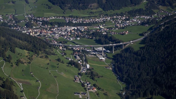 The Stubai Glacier ski area with water reservoirs for ski lifts are visible near Innsbruck, Austria, Monday, Sept. 25, 2023. (AP Photo/Matthias Schrader)