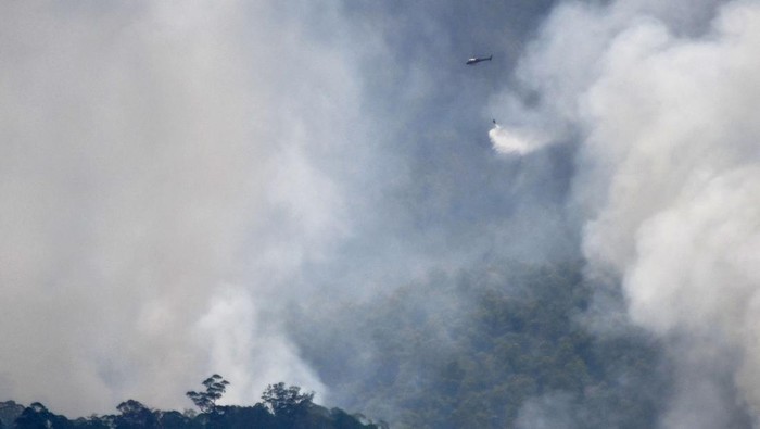 Tim Badan Nasional Penanggulangan Bencana (BNPB) menggunakan helikopter water bombing untuk memadamkan kebakaran di kawasan Gunung Lawu yang terbakar di Ngawi, Jawa Timur, Rabu (4/10/2023). BNPB mengoperasikan helikopter untuk melakukan pemadaman kebakaran dengan metode water bombing mulai Selasa (4/10) di Gunung Lawu yang terbakar sejak sejak Jumat (29/9). ANTARA FOTO/Siswowidodo.