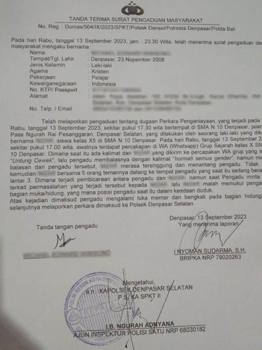 Laporan polisi terkait perundungan siswa SMAN 10 Denpasar. Laporan polisi itu dibuat pada Rabu (13/9/2023) setelah perisakan terjadi.