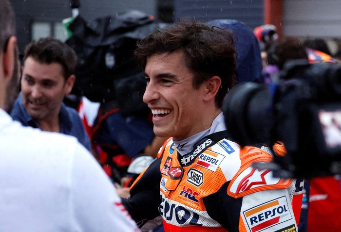 MotoGP - Japanese Grand Prix - Mobility Resort Motegi, Motegi, Japan - October 1, 2023 Repsol Honda Teams Marc Marquez celebrates after finishing third in the MotoGP REUTERS/Issei Kato