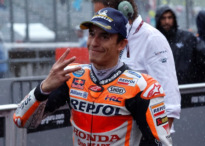 MotoGP - Japanese Grand Prix - Mobility Resort Motegi, Motegi, Japan - October 1, 2023 Repsol Honda Teams Marc Marquez celebrates after finishing third in the MotoGP REUTERS/Issei Kato