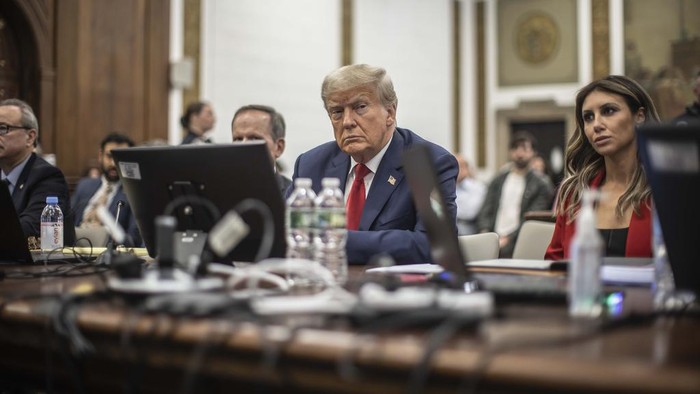 Former President Donald Trump appears in court for a civil fraud case at a Manhattan courthouse, in New York, Tuesday, Oct. 3, 2023. (Dave Sanders/Pool Photo via AP)