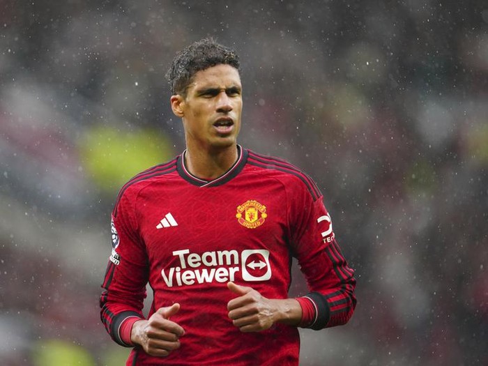 Manchester Uniteds Raphael Varane runs on the pitch during the English Premier League soccer match between Manchester United and Crystal Palace at the Old Trafford stadium stadium in Manchester, England, Saturday, Sept. 30, 2023. (AP Photo/Jon Super)