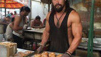 Jason Momoa yang tampak macho, tampil imut dan menggemaskan saat jualan donat dan roti di pasar. Foto: Jon Orana