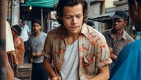 Harry Styles yang flamboyan, tetap tampil keren saat jualan buah di pasar yang ada di Filipina. Foto: Jon Orana