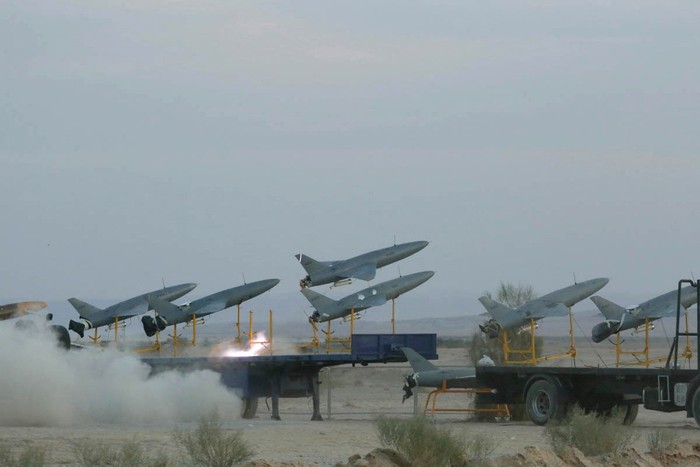 A drone is launched during a military exercise in an undisclosed location in Iran, in this handout image obtained on October 4, 2023. Iranian Army/WANA (West Asia News Agency)/Handout via REUTERS ATTENTION EDITORS - THIS PICTURE WAS PROVIDED BY A THIRD PARTY. QUALITY FROM SOURCE.