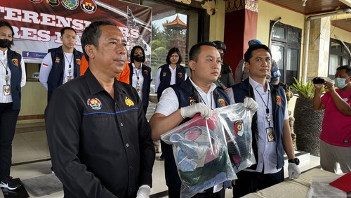 Konferensi pers pemerkosaan pedangang bakso oleh Polres Badung, Kamis (5/10/2023). (Ni Kadek Restu Tresnawati)