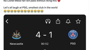 Akun ini menyebut tidak ada penggemar Messi yang tidak menyukai kekalahan PSG ini. Foto: Twitter