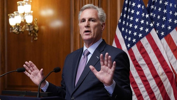 FILE - Rep. Kevin McCarthy, R-Calif., speaks to reporters hours after he was ousted as Speaker of the House, Tuesday, Oct. 3, 2023, at the Capitol in Washington. McCarthy spent years tirelessly raising mountains of Republican campaign cash as he worked his way toward becoming Speaker of the House. Now that he’s been ousted from the post, some in McCarthy’s party are wondering if all that fundraising will evaporate. (AP Photo/J. Scott Applewhite, File)