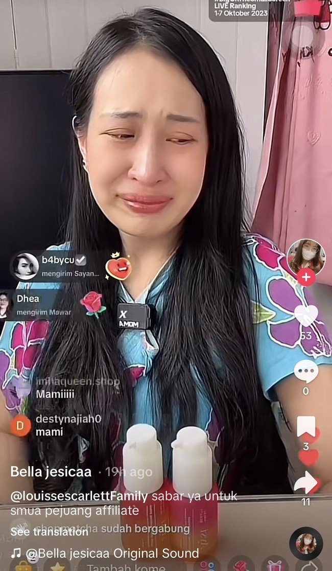 Kreator konten sekaligus affiliator TikTok, Louise Scarlett, juga tak kalah sedih ketika harus berpamitan dengan TikTok Shop. Sampai menangis, Louise tampak begitu sedih saat berpamitan di live akun TikTok miliknya. Foto: Tiktok/Bella jesicaa
