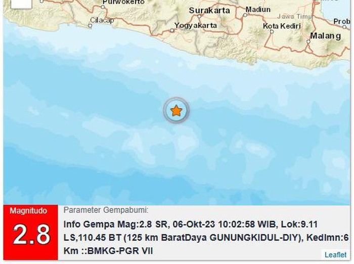 Gempa M 2,8 di perairan Gunungkidul, Jumat (6/10/2023).