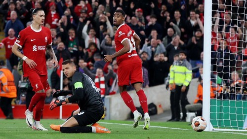 Soccer Football - Europa League - Group E - Liverpool v Union Saint-Gilloise - Anfield, Liverpool, Britain - October 5, 2023 Liverpools Ryan Gravenberch celebrates scoring their first goal as Union Saint-Gilloises Anthony Moris looks dejected Action Images via Reuters/Lee Smith