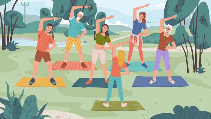 Group fitness outdoor class in city park. Vector yoga exercise on fresh air, man and woman training together with instructor, cartoon characters. Healthy lifestyle, sport activity, landscape scenery