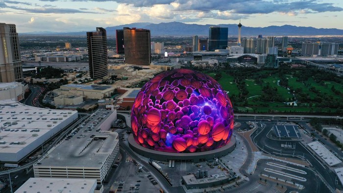 LAS VEGAS, NEVADA - OCTOBER 1: The Sphere is seen at the Venetian Resort in Las Vegas, Nevada, United States on October 1, 2023. The Sphere is a spherical music and entertainment arena in Paradise, Nevada, near the Las Vegas Strip and east of the Venetian resort. The project was announced by the Madison Square Garden Company in 2018, and construction was underway the following year. Tayfun Coskun / Anadolu AgencyNo Use USA No use UK No use Canada No use France No use Japan No use Italy No use Australia No use Spain No use Belgium No use Korea No use South Africa No use Hong Kong No use New Zealand No use Turkey