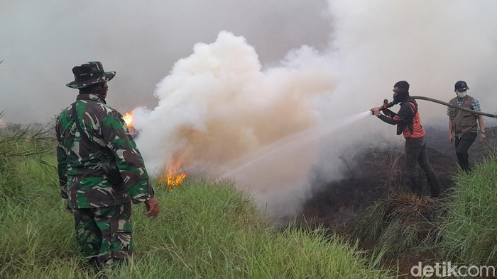 Petugas BPBD Sumsel saat memadamkan lokasi karhutla di wilayah Sumsel.