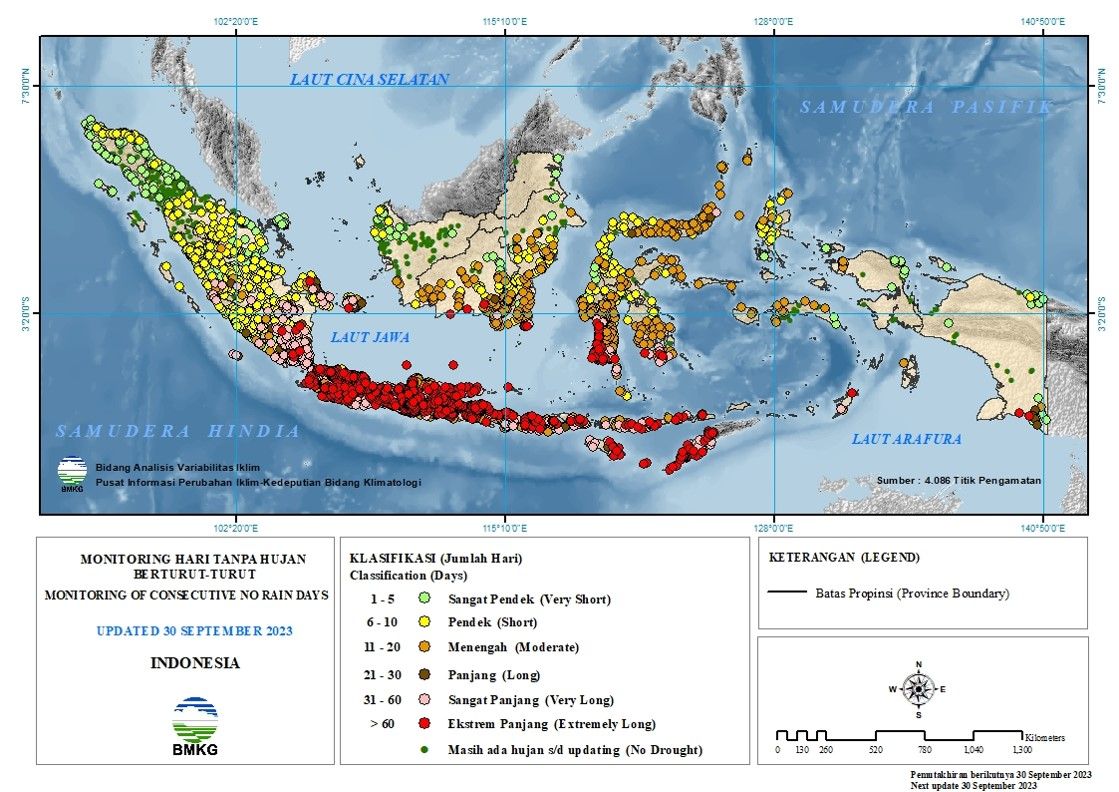 Wilayah yang diperkirakan tidak diguyur hujan lebih 60 hari. (Dok. BMKG)