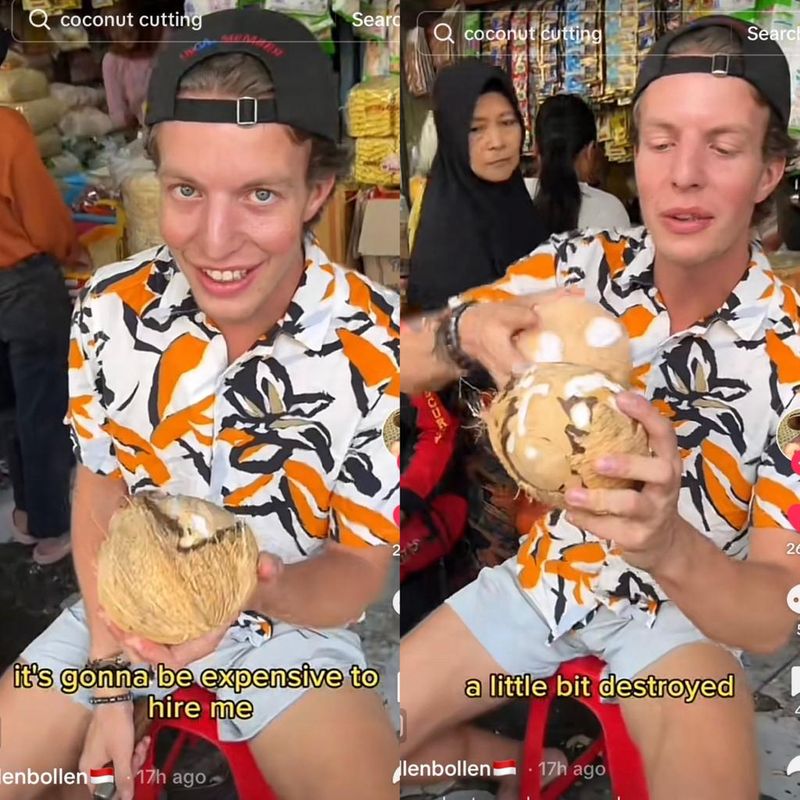 Begini Reaksi Bule yang Coba Jadi Tukang Kelapa di Warung