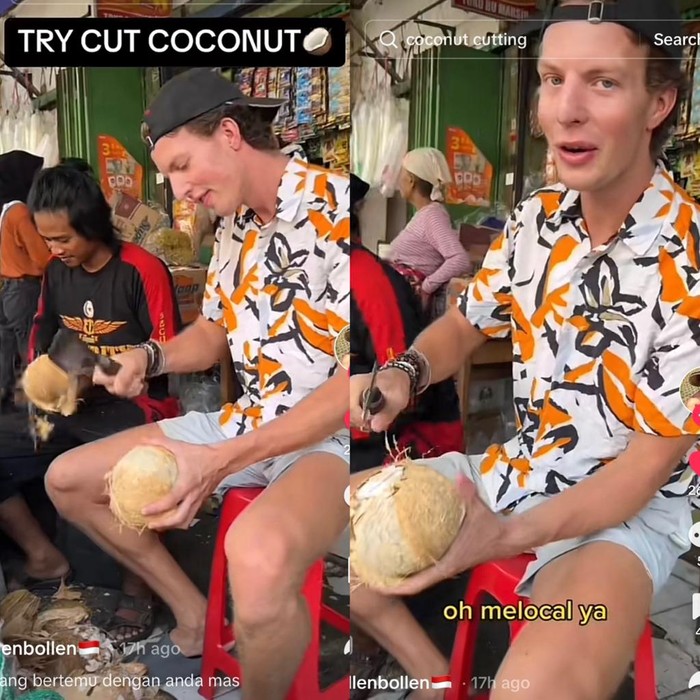 Begini Reaksi Bule yang Coba Jadi Tukang Kelapa di Warung