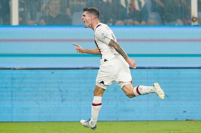 Christian Pulisic of AC Milan celebrates after scoring first goal during the Serie A Tim match between Genoa CFC and AC Milan at Luigi Ferrari Stadium on October 7, 2023 in Genoa, Italy. (Photo by Giuseppe Maffia/NurPhoto)NO USE FRANCE