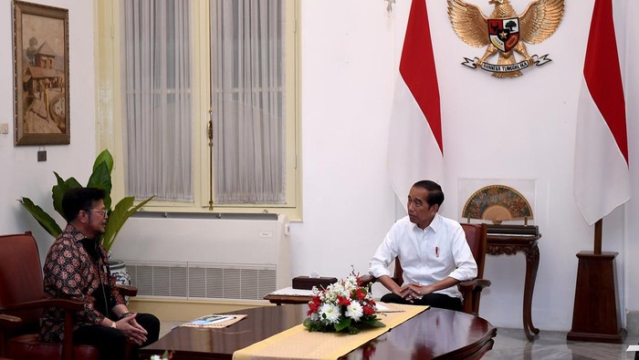 Presiden Joko Widodo (tengah) didampingi Mensesneg Pratikno (kanan) menerima mantan Menteri Pertanian Syahrul Yasin Limpo di Istana Merdeka, Jakarta, Minggu (8/10/2023). Presiden Jokowi menerima Syahrul Yasin Limpo setelah pengunduran dirinya sebagai Menteri Pertanian. ANTARA FOTO/Sigid Kurniawan/tom.
