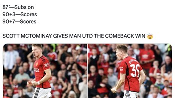 Jadi pemain pengganti, McTominay tidak menyiakan peluang yang ada. Hasilnya dua gol dari kaki dan kepalanya berbuah gol di menit akhir pertandingan. Foto: Twitter