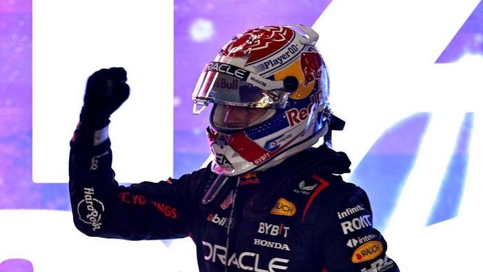 Formula One F1 - Qatar Grand Prix - Lusail International Circuit, Lusail, Qatar - October 7, 2023 Red Bulls Max Verstappen celebrates after finishing second in the sprint race and winning the championship REUTERS/Hamad I Mohammed