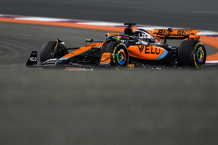 McLaren driver Oscar Piastri of Australia steers his car during the sprint race ahead of the Qatar Formula One Grand Prix at the Lusail International Circuit, in Lusail, Qatar, Saturday, Oct. 7, 2023. (AP Photo/Ariel Schalit)