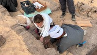 Studi yang dilakukan di pemakaman menunjukkan bahwa makam Ratu Merneit dibangun dari batu bata mentah, tanah liat dan papan kayu, dan bahwa Ratu mungkin satu-satunya wanita dari Dinasti Pertama Mesir Kuno yang memiliki makam kerajaannya yang ditemukan di Apidos sejauh ini. Foto: (Kementerian Pariwisata dan Kepurbakalaan Mesir)