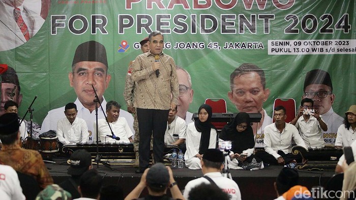 Relawan Perisai Prabowo dideklarasikan di Gedung Joang '45, Jl Menteng Raya, Jakarta, Senin (9/10/2023). Acara ini dihadiri oleh Ahmad Muzani.