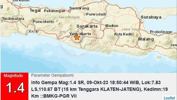 Gempa bumi M 1,4 di Klaten, Senin (9/10/2023).