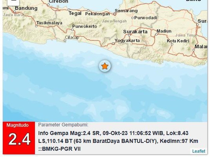 Gempa M 2,4 guncang perairan Bantul, Senin (9/10/2023).