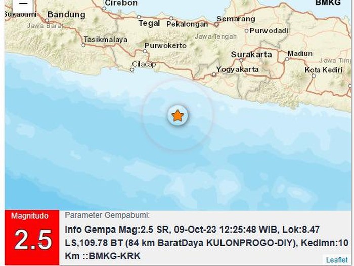 Gempa M 2,5 di perairan Kulon Progo, Senin (9/10/2023).