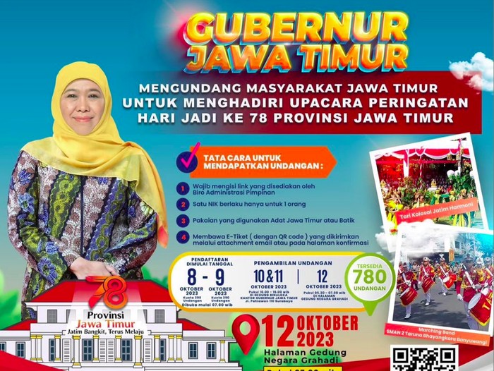 Gubernur Jawa Timur Khofifah Indar Parawansa mengundang warganya untuk menghadiri upacara Hari Jadi Ke-78 Jawa Timur. Seperti yang diterangkan dalam sebuah unggahan di akun Instagram, @jatimpemprov.
