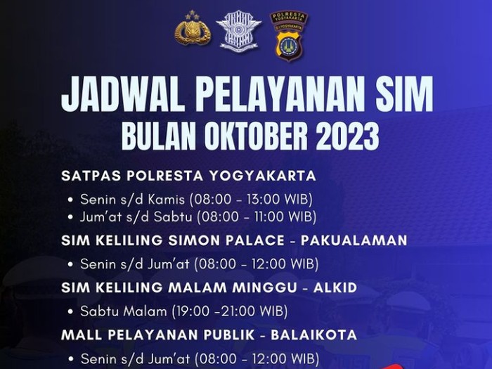 Jadwal pelayanan SIM Jogja Oktober 2023. Foto diunggah Senin (9/10/2023).