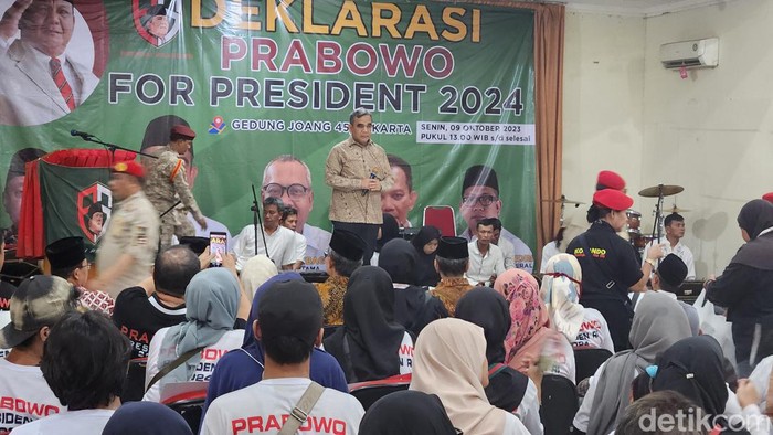 Sekjen Gerindra Ahmad Muzani di acara deklarasi relawan Prabowo Subianto di Gedung Joang 45, Jakarta (Adrial/detikcom)