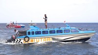 Anak buah kapal mengemudi speedboat rute Sofifi saat meninggalkan Pelabuhan Mangga Dua, Kota Ternate, Maluku Utara, Senin (9/10/2023).  