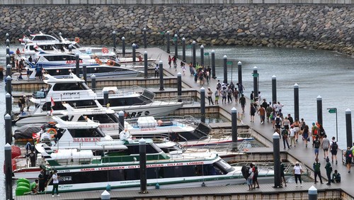 Wisatawan berjalan di dermaga untuk menyeberang ke destinasi wisata Nusa Penida dan Gili Trawangan, NTB  menggunakan kapal cepat di Pelabuhan Serangan, Denpasar, Bali, Jumat (1/9/2023). Pengelola pelabuhan menyebut rata-rata kapal cepat yang berangkat melayani penyeberangan mencapai 27 kapal per hari dengan jumlah penumpang 800-900 orang yang didominasi wisatawan dari China, India dan Eropa. ANTARA FOTO/Nyoman Hendra Wibowo/rwa.